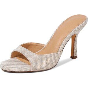 Women's Beige Woven Heels Slip On Kitten Heels Mule Slides Open toe Espadrille
